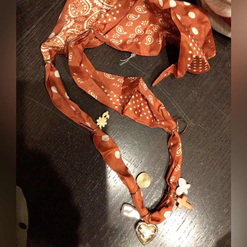 Rust Orange Bandana Scarf Necklace with Heart Charm - Women Accessories